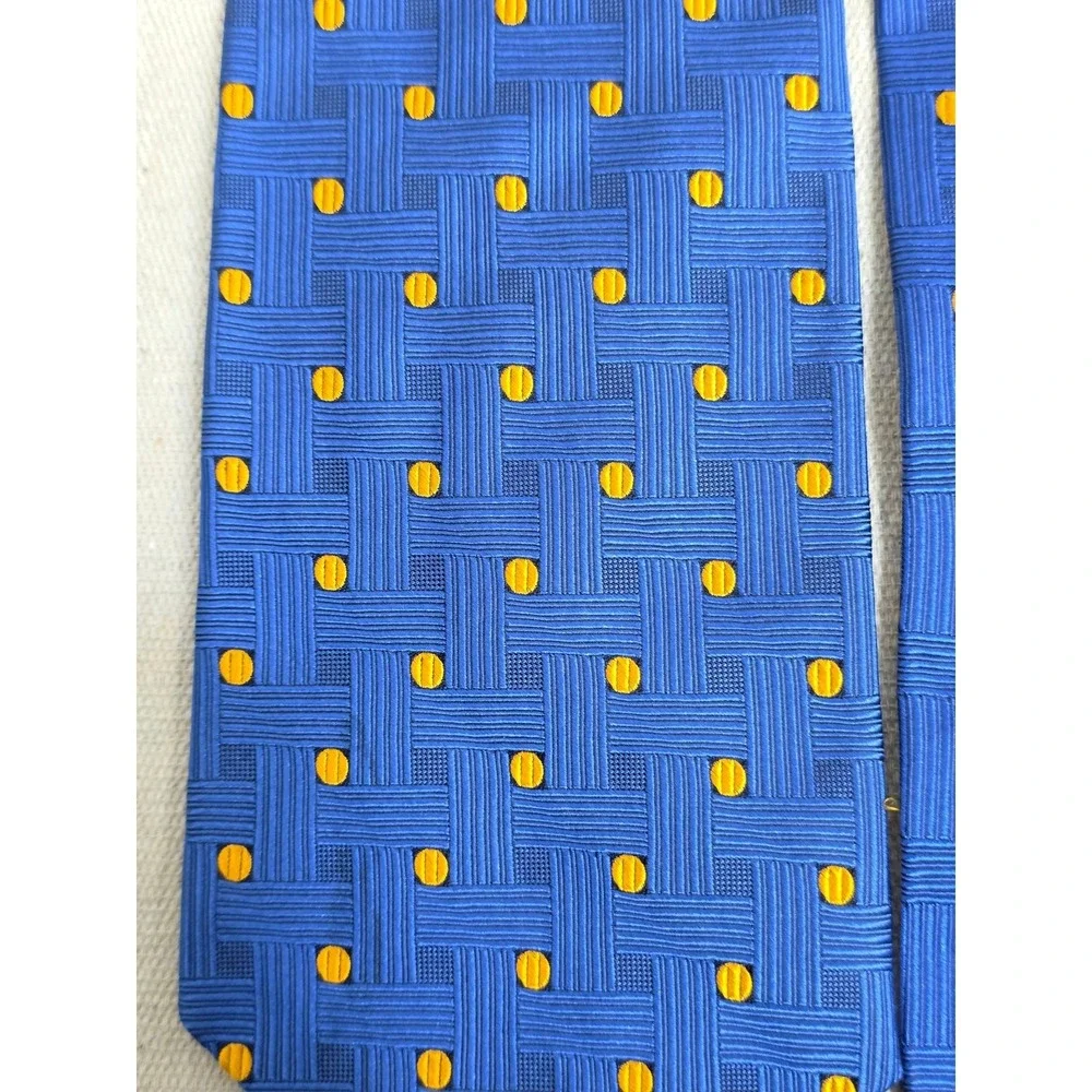 Nordstrom Mens Blue Italian Silk Tie Gold‎ Geometric Basketweave Dot Pattern